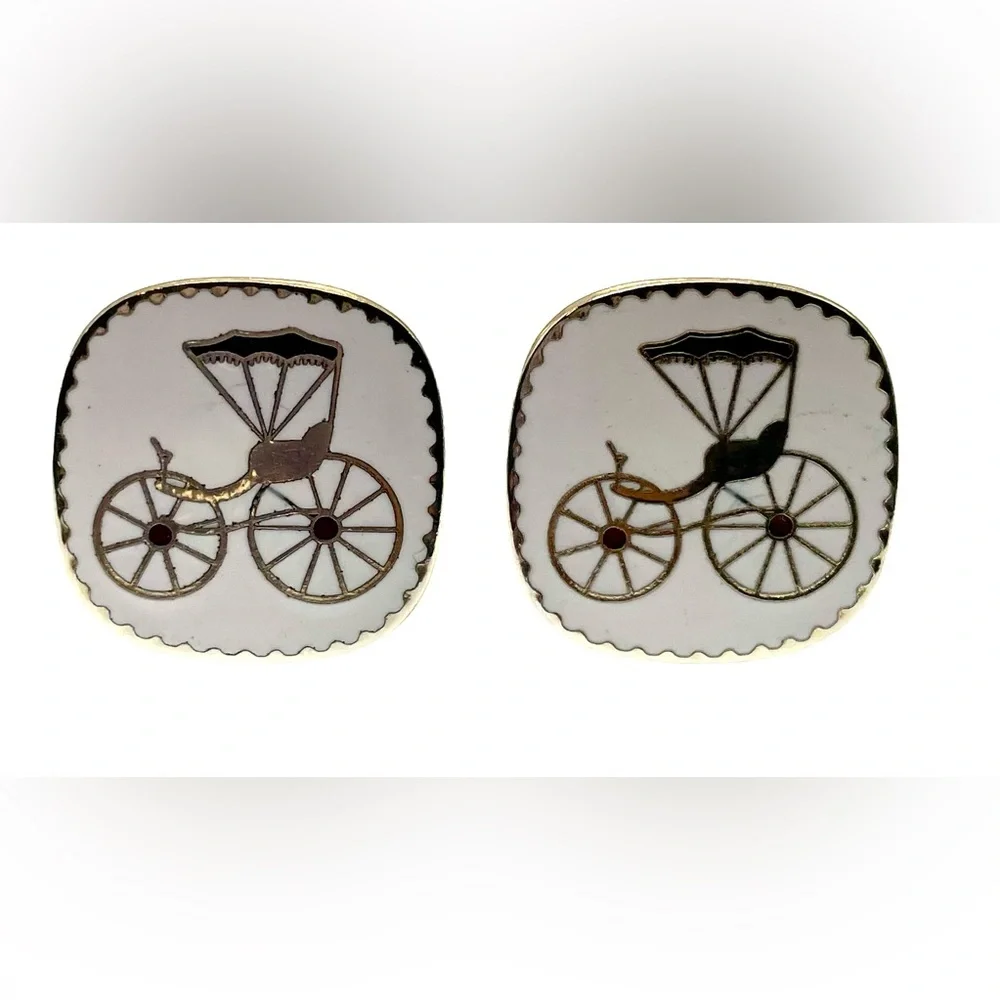 Vintage Cufflinks Gold Tone and Enamel Square Antique Car